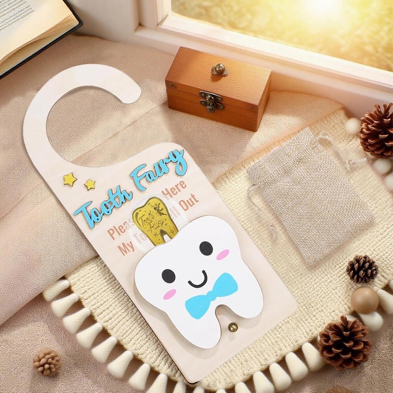 ZingFsh Tooth Fairy Tooth Holder，Tooth Fairy Door Hanger with Money Slot, Gold Coins and Cute Bags，Tooth Fairy Gifts for Girls Boys, First Milk Teeth Loss Tooth Fairy Pouch (Blue) - Image 3